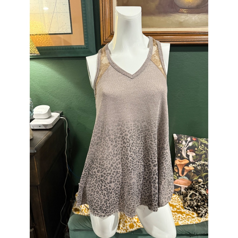 Vocal grey Leopard Print Ombre Lace Shoulder Thermal Waffle Knit Tank Top USA